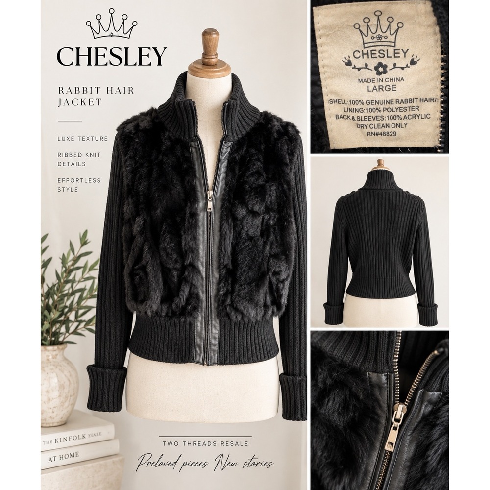 Chesley Rabbit Hair Fur Ribbed Knit Zip Up Jacket Black Large